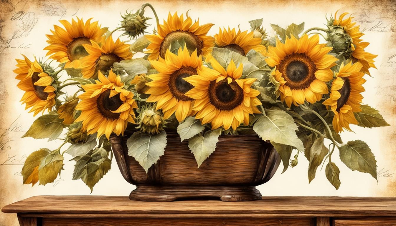 Sunflower Decoupage in Gouache and Watercolor Style