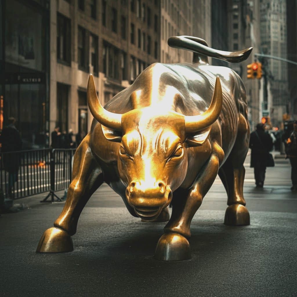 Gold Bull Sculpture on New York City Sidewalk