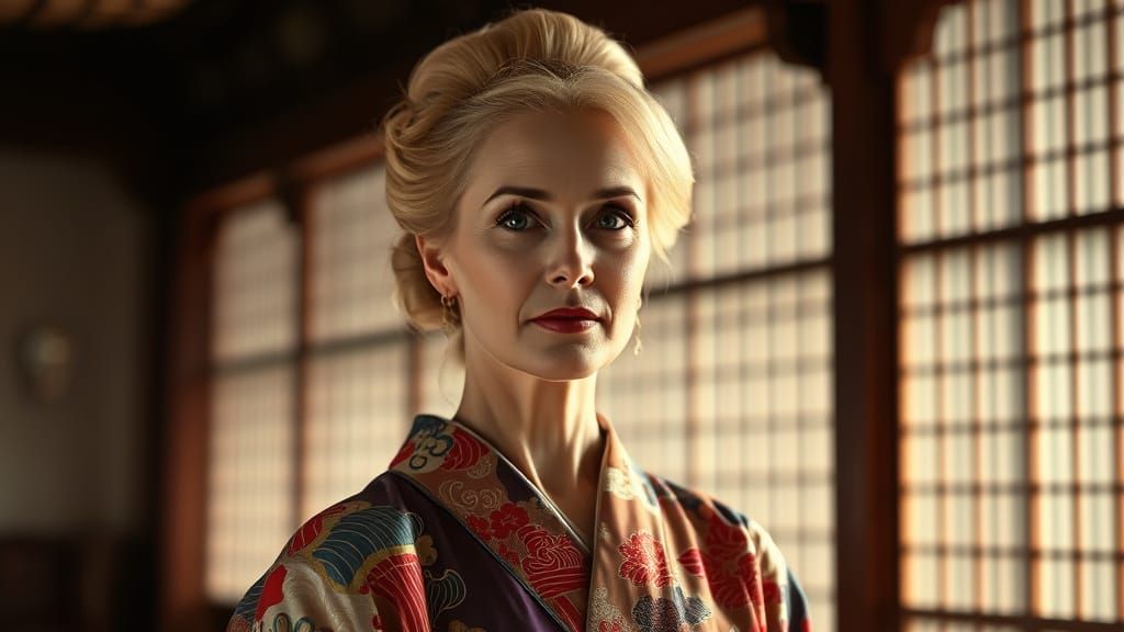 Elegant Blonde Woman in Traditional Japanese Setting