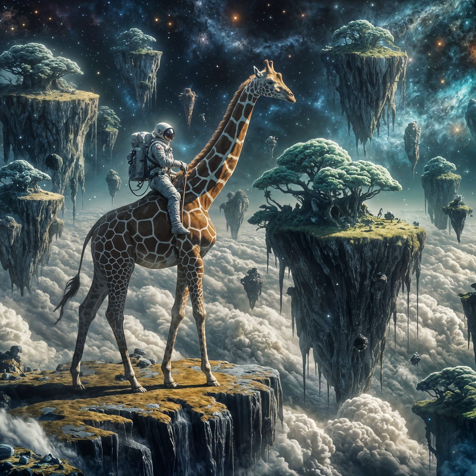 Astronaut Rides Oversized Giraffe on Chasm's Edge