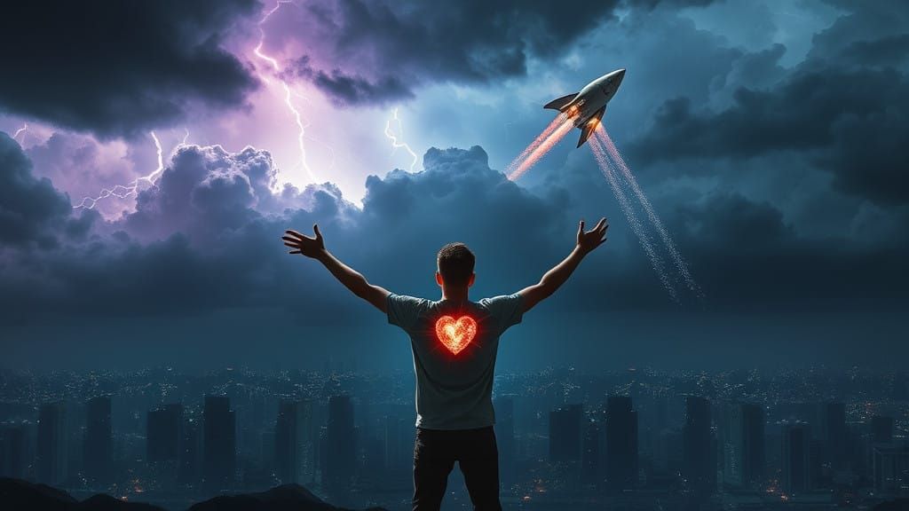 Cosmic Figure Soars Above Stormy Cityscape in Thrilling Sci-...