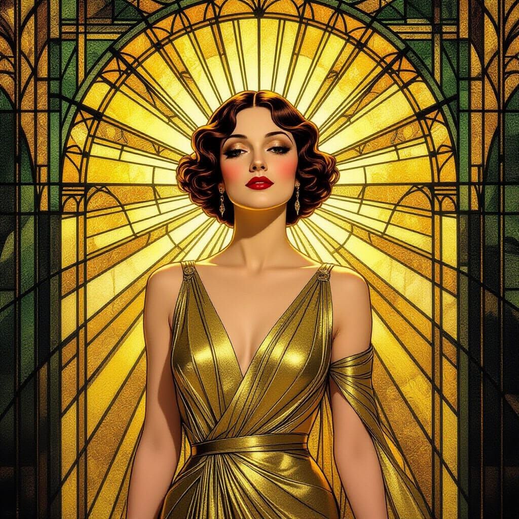 Art Deco Portrait of a Radiant Woman in Metallic Gown