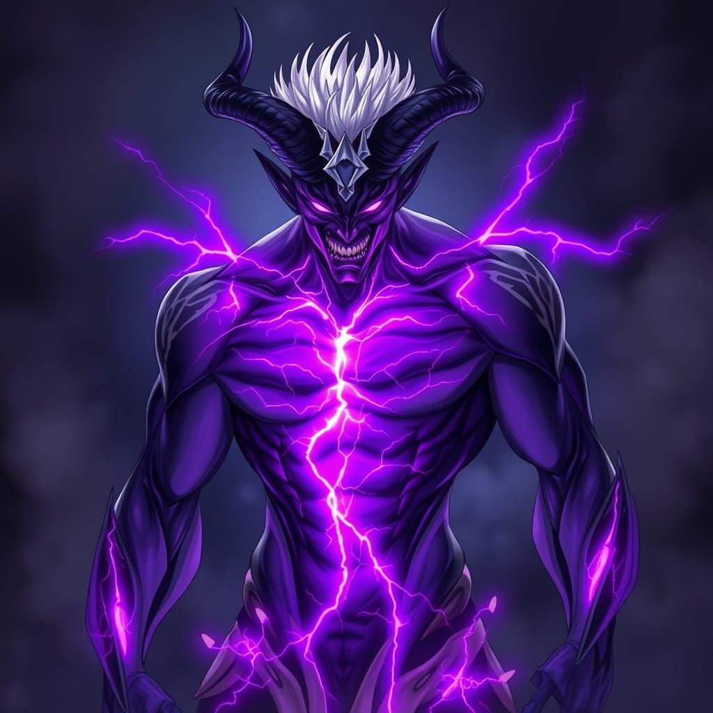 Demonic Figure with Purple Energy Cracks in Shadowy Aura