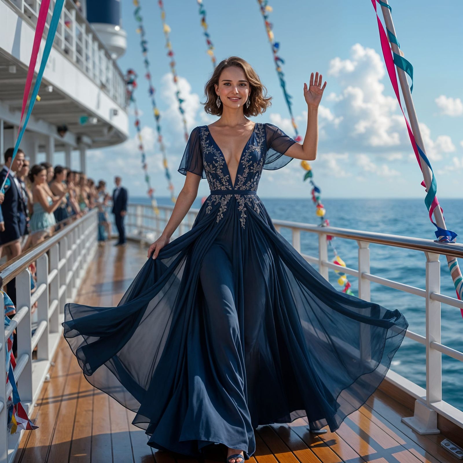Woman Waving from Ocean Liner with Streamers