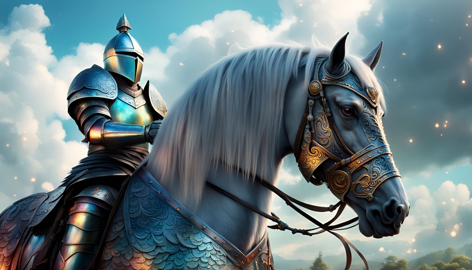 Knight in Iridescent Armor on Stallion