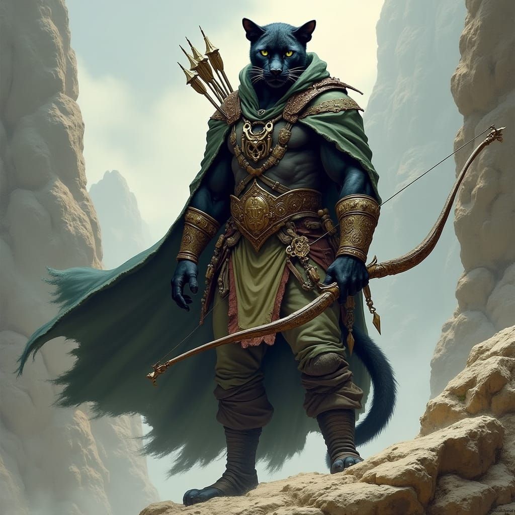 Muscular Panther Ranger with Bow in Dramatic Lighting