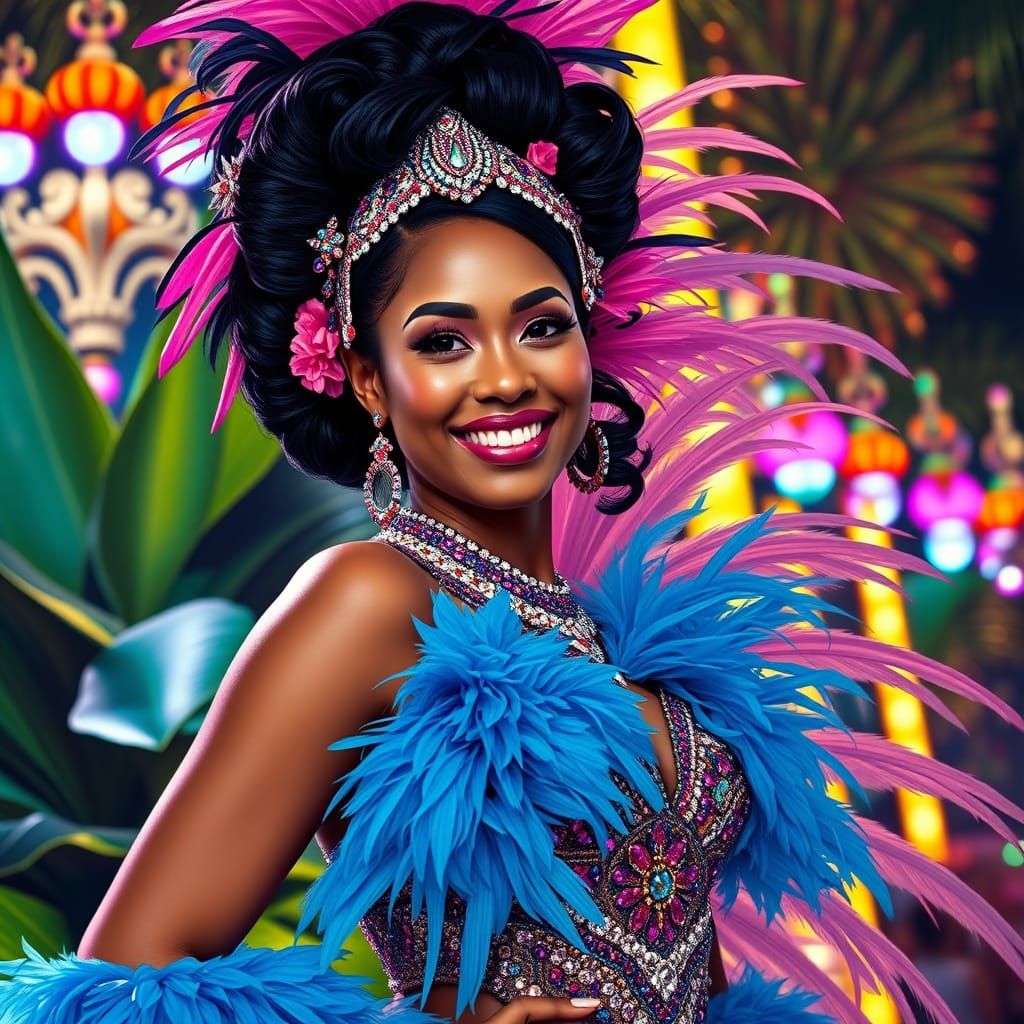 Afro-Japanese Carnival Queen in Vibrant Costumes