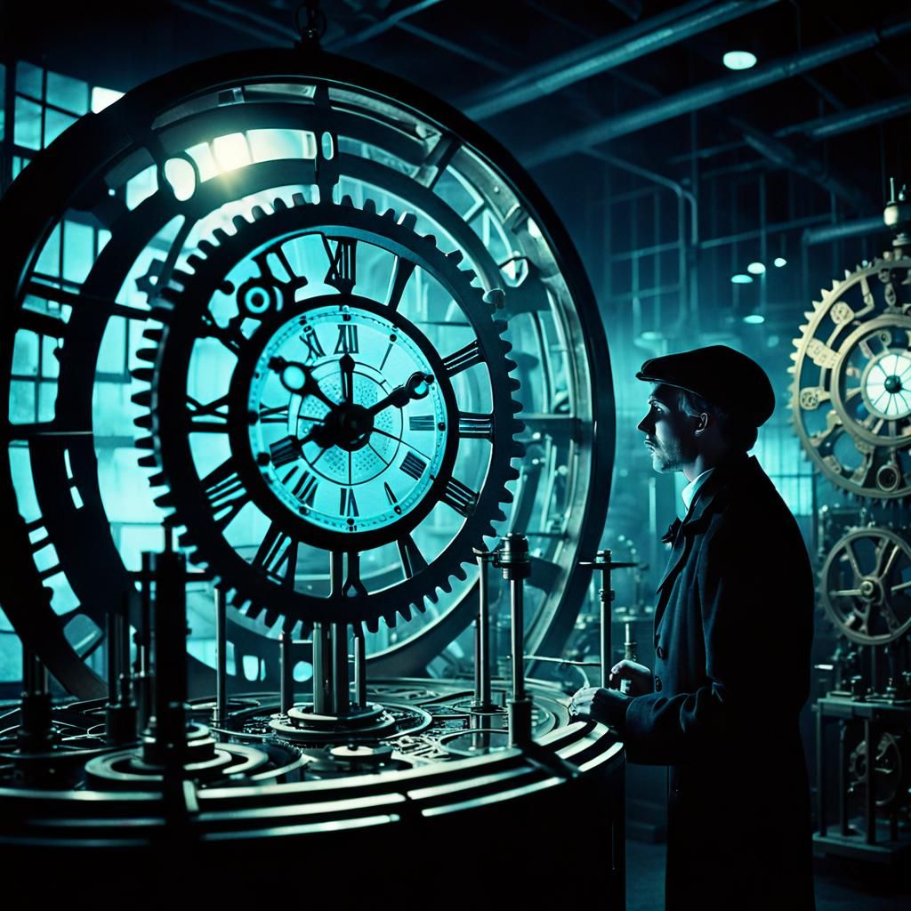 Time Traveler in Steampunk Laboratory, Silent Film Style