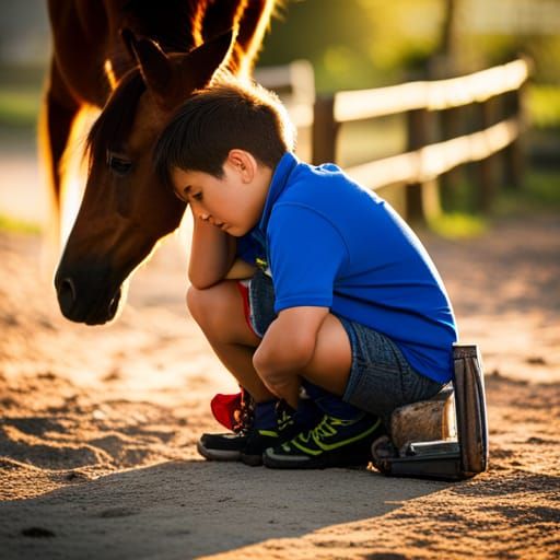 Boy and Injured Horse in Dramatic Lighting