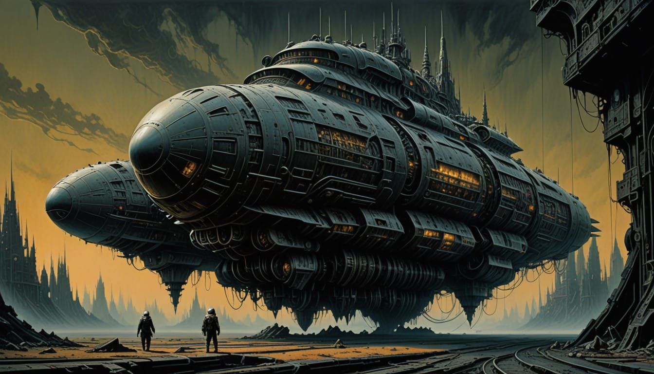 Biomechanical Spaceship in Charcoal Drawing Style