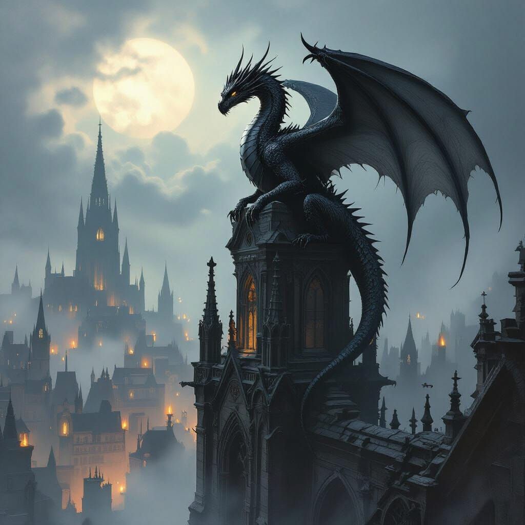 Dragon Perched on Gothic Cathedral in Dark Fantasy Style