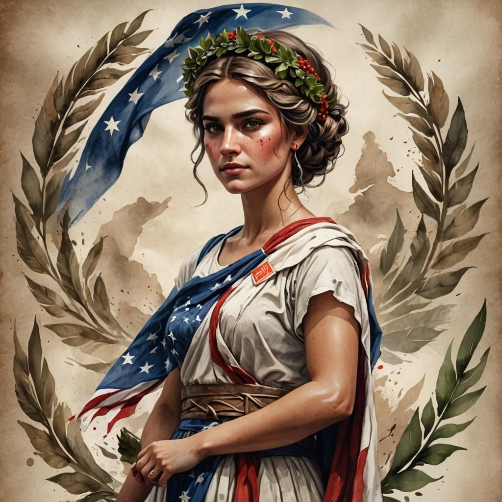 Classical Woman with American Flag, Hyperrealistic 3D