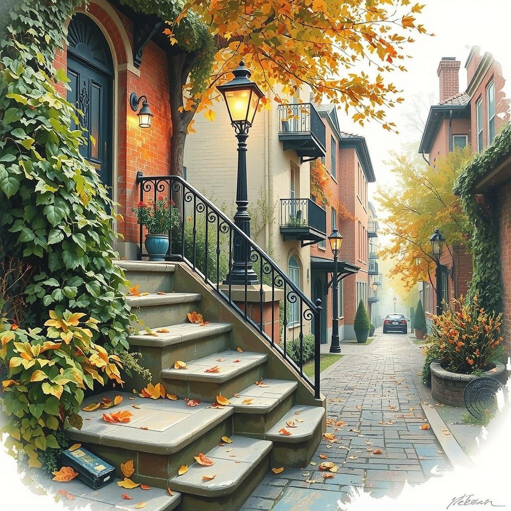 Cobblestone Stairs Ascend in Autumn Scene