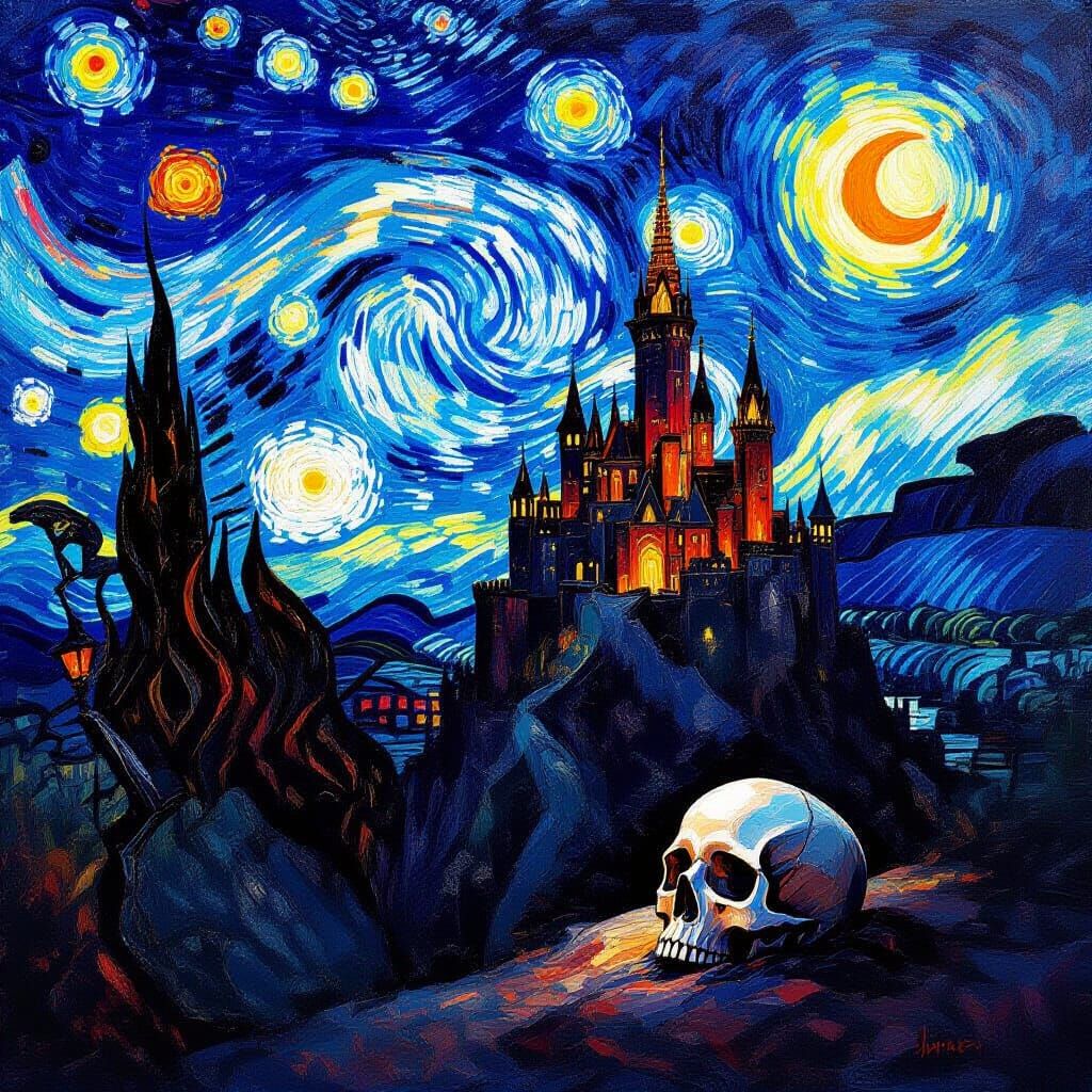 Gothic Castle Under Starry Sky in Van Gogh Style
