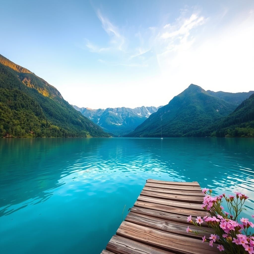 Serene Lake Landscape with Mountains and Pink Flowers