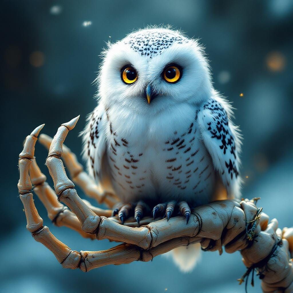 Baby Snowy Owl on Skeleton Hand: Fantasy Art