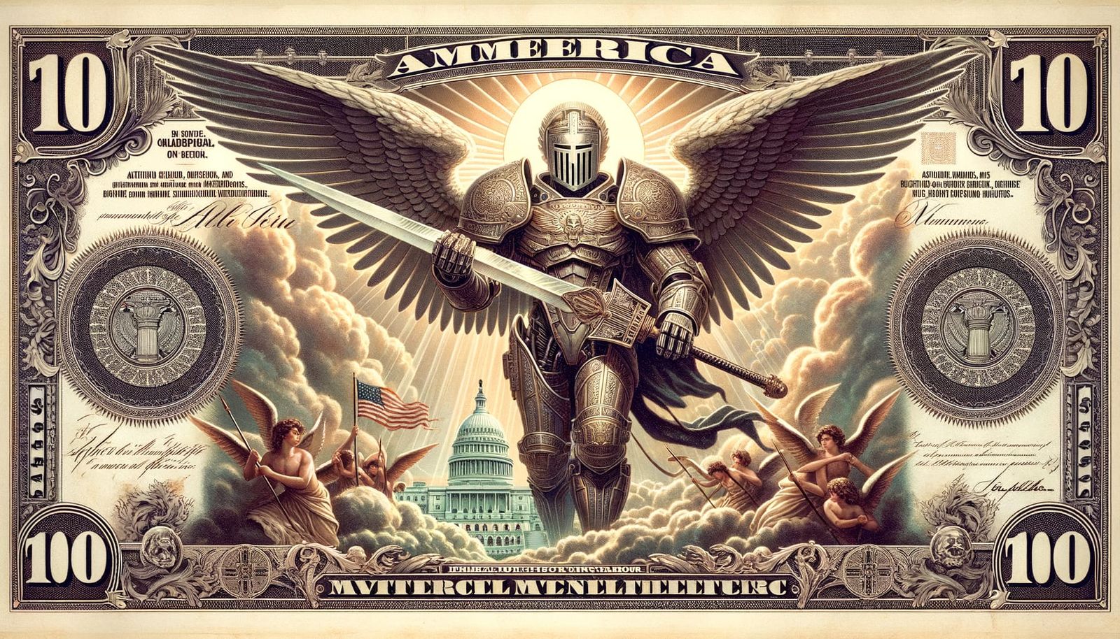 Elaborate 1920s Banknote with Robot Angel, Golden Age Illust...