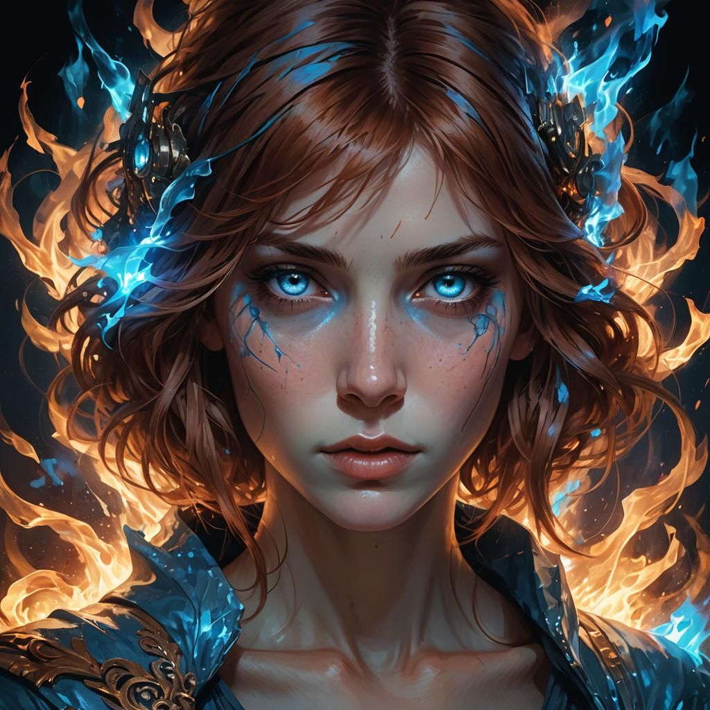 Woman Conjuring Blue Fire: Hyperdetailed Art Nouveau Portrai...