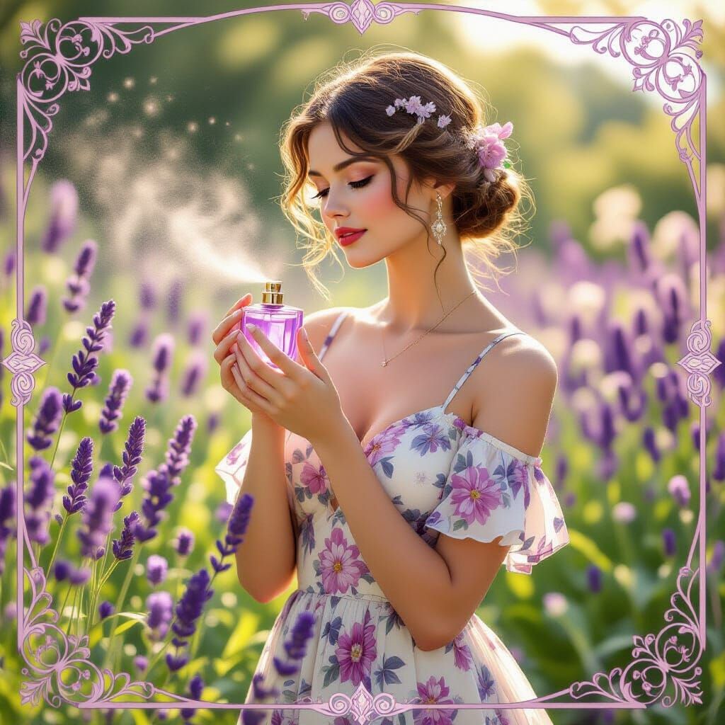 Woman Spritzing Perfume in Art Nouveau Style