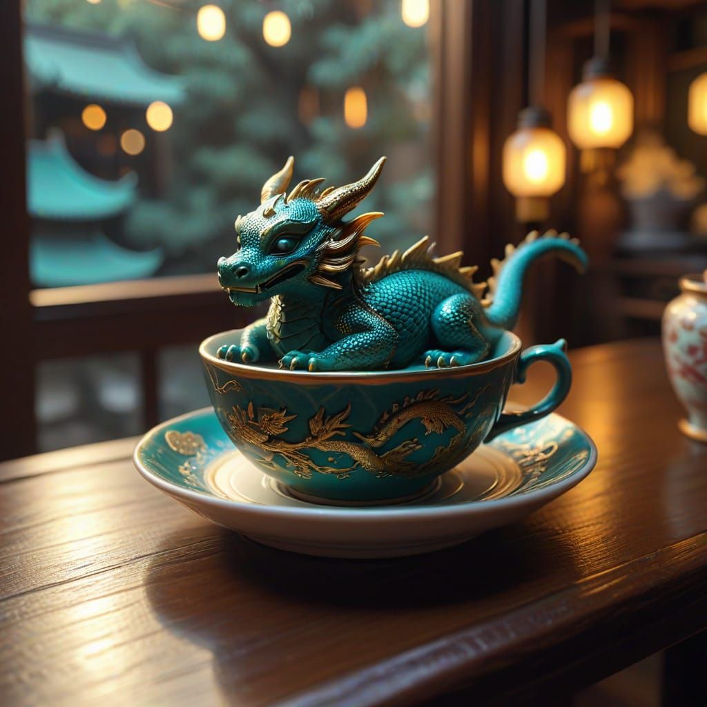 Happy Dragon Napping in Teacup