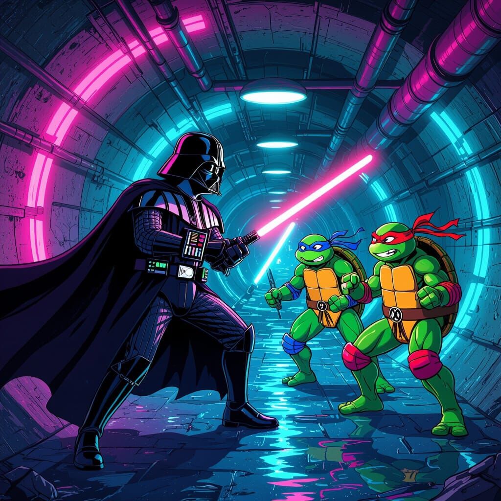 Darth Vader vs TMNT in Neon Sewer, Comic Style