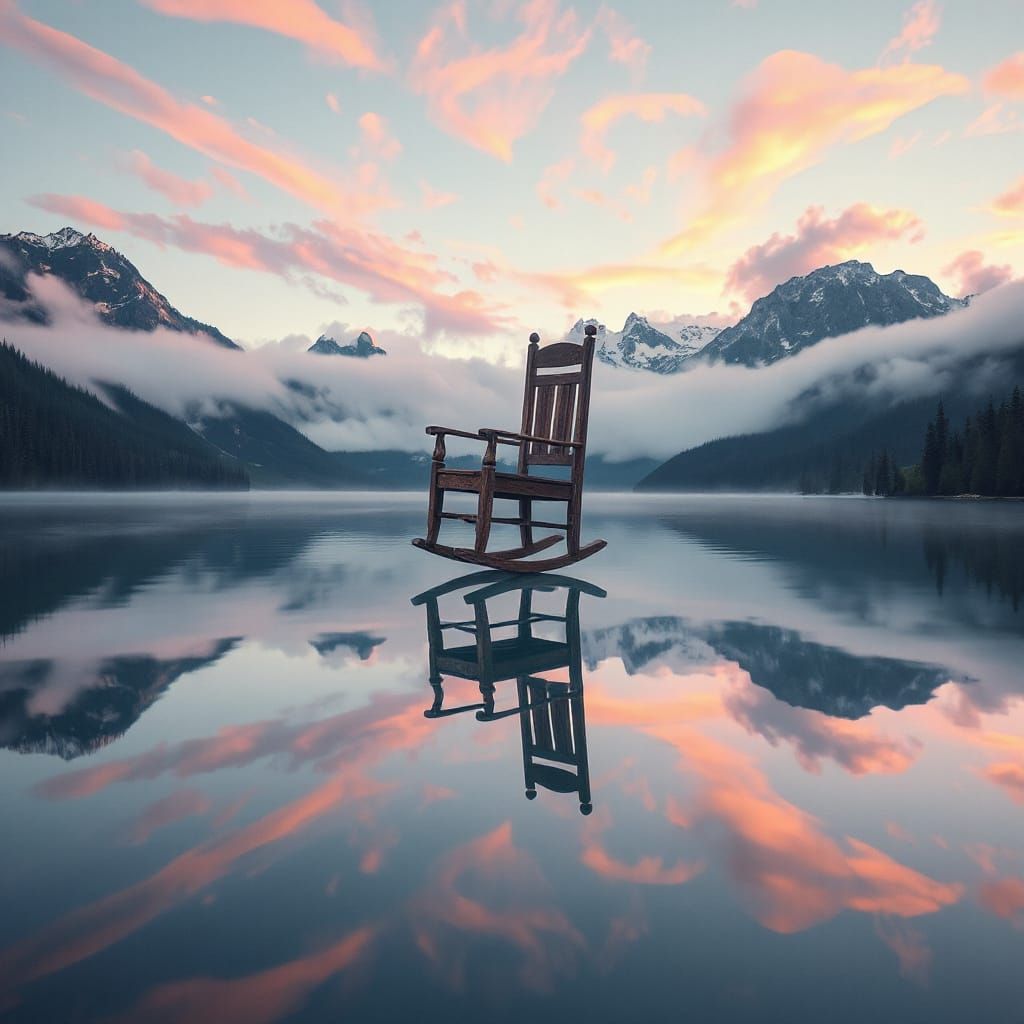 Giant Rocking Chair Floats Above Mountain Lake, Digital Art