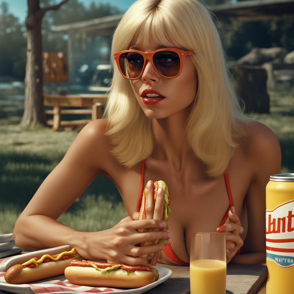 1970s Blonde in Bikini Eating Hotdog, Hyperrealism