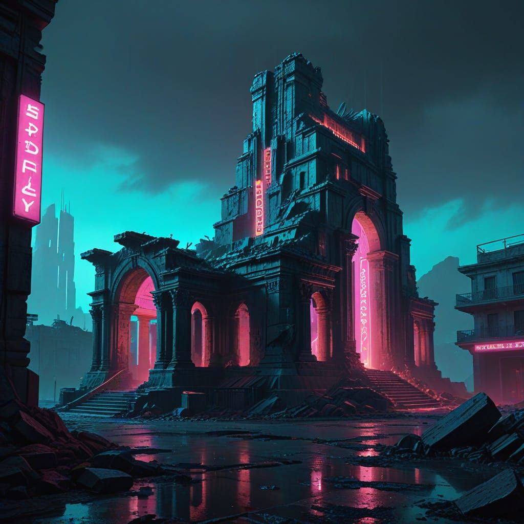 Ruined Temple in Futuristic Spanish Town