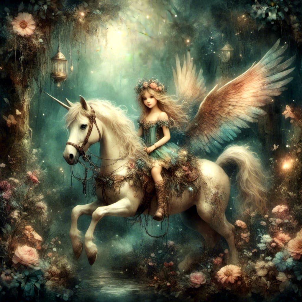 Fairy on Pegasus in Enchanted Forest