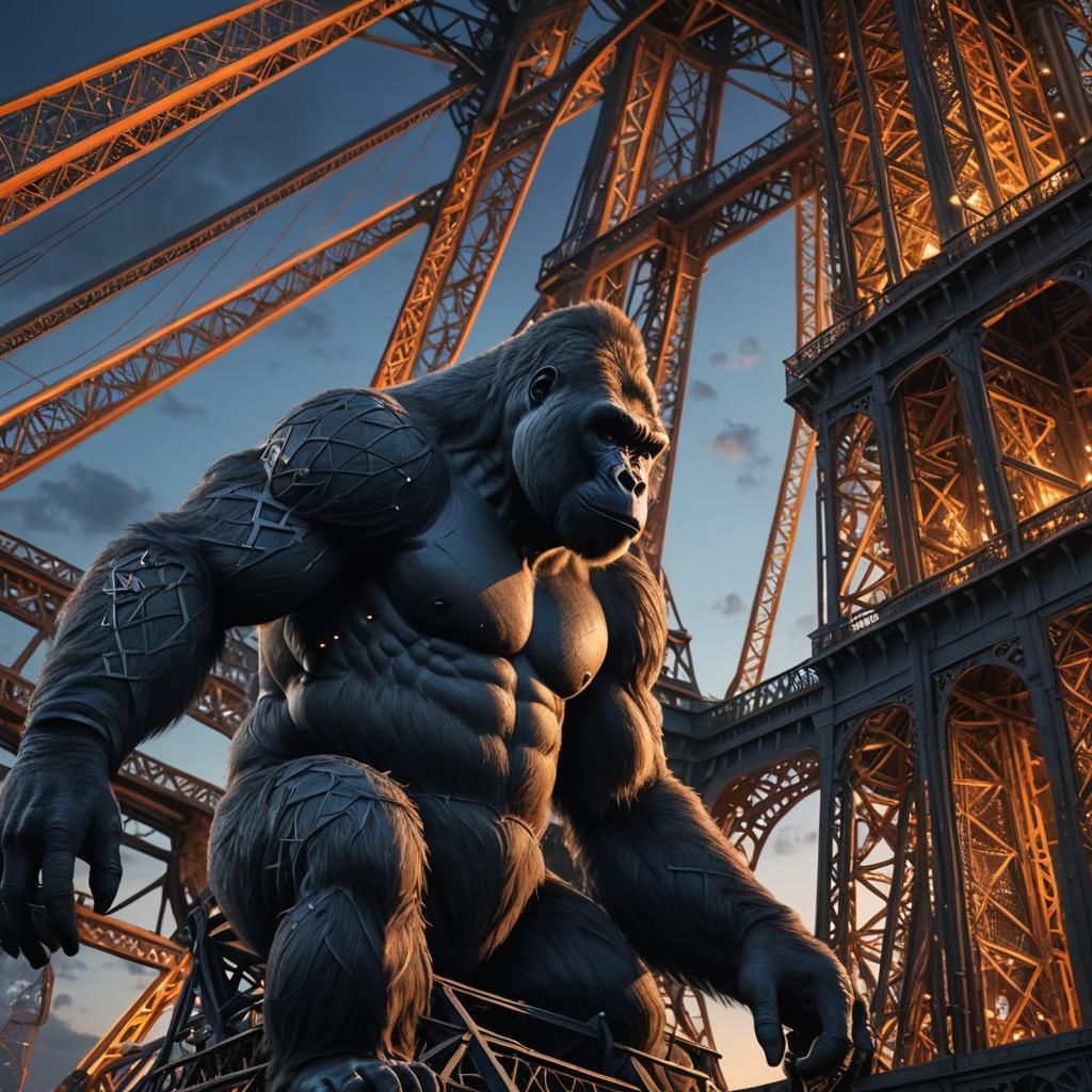 Giant Gorilla Climbing Eiffel Tower at Dusk