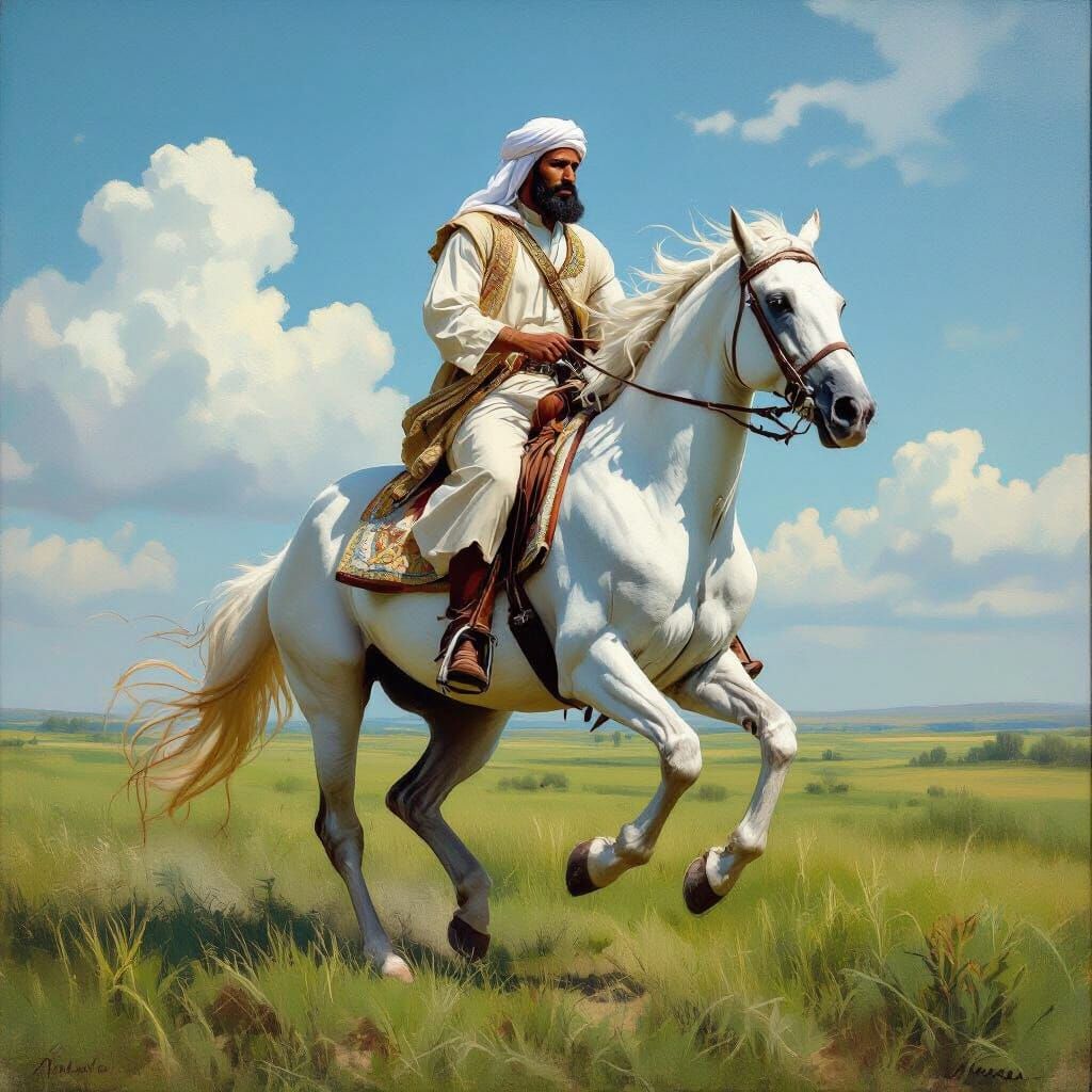 Islamic Warrior on Horseback in Oil Painting Style
