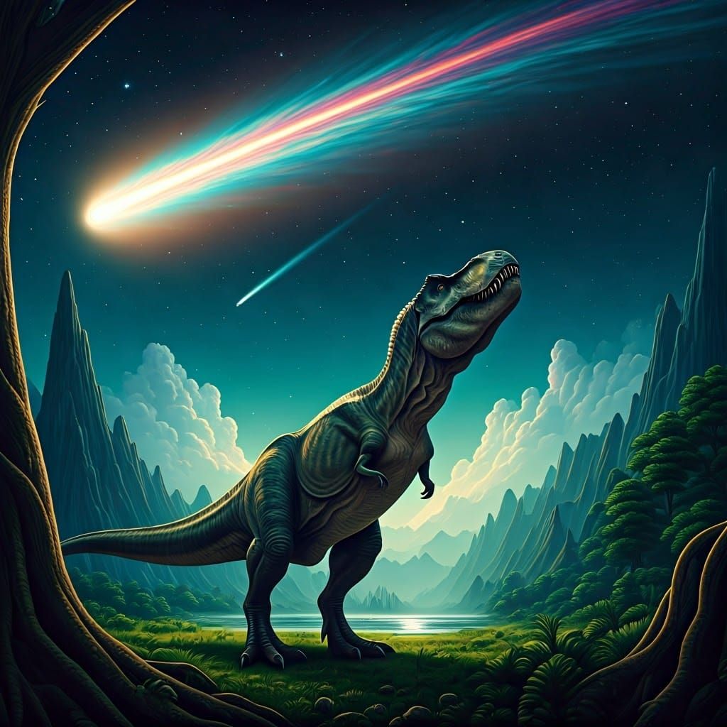 Tyrannosaurus Rex Watches Comet in Hyper-Realistic Landscape