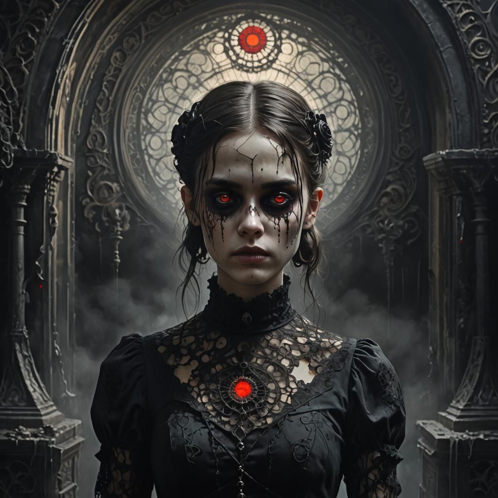 Gothic Realism: Girl in Black Dress with Skull