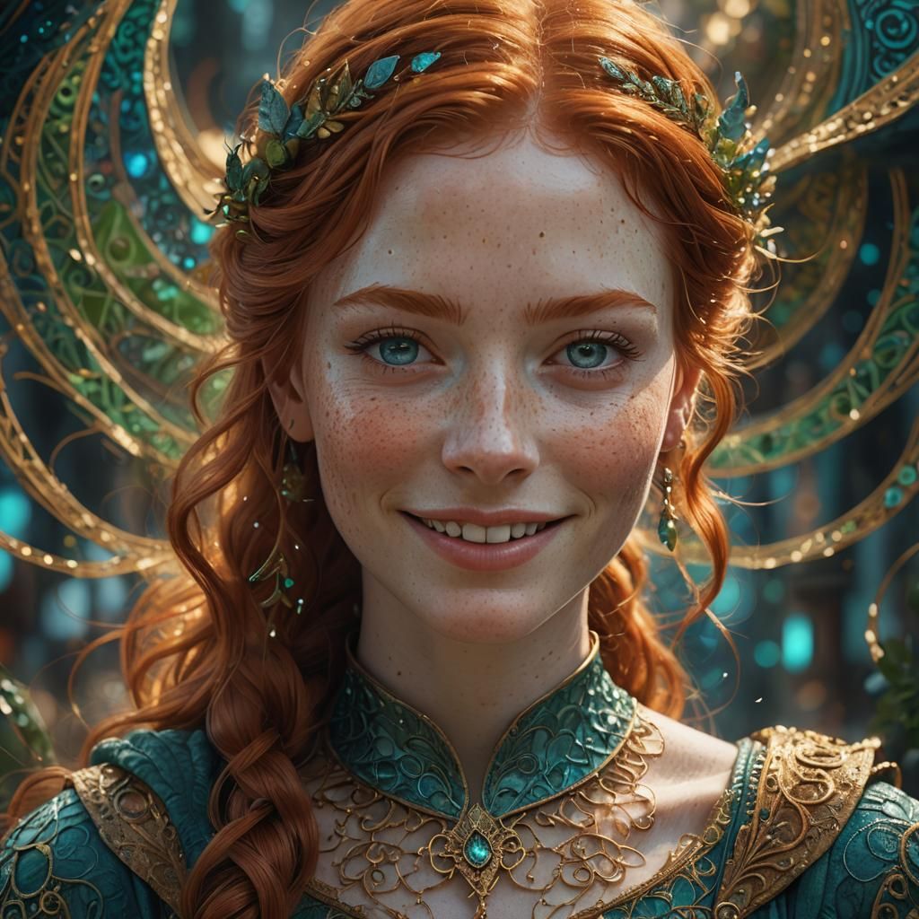 Redhead Girl Portrait with Freckles in Fantasy Style