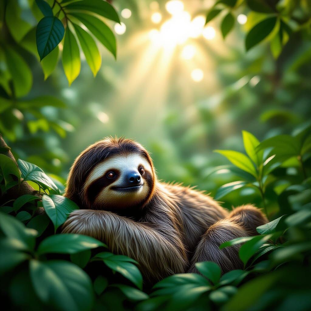 Ethereal Sloth in Misty Tropical Forest