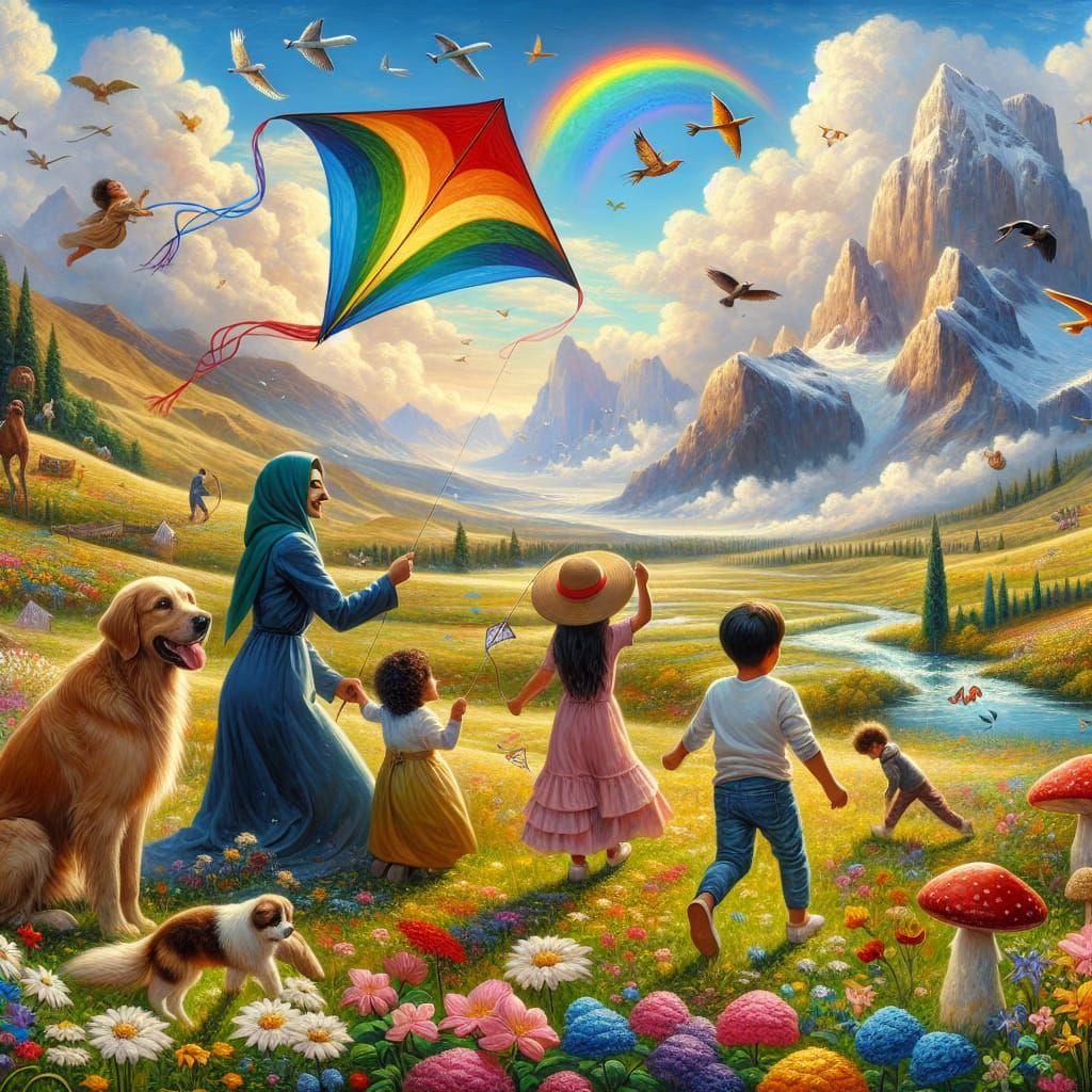 Happy Family Kite Flying: Gouache Impressionist Meadow