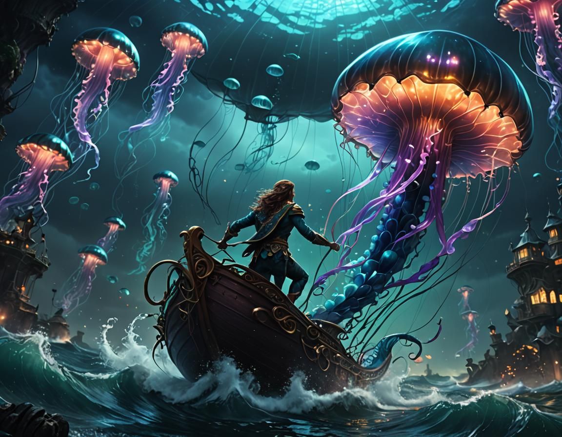 Merfolk Rides Luminous Jellyfish with Sail