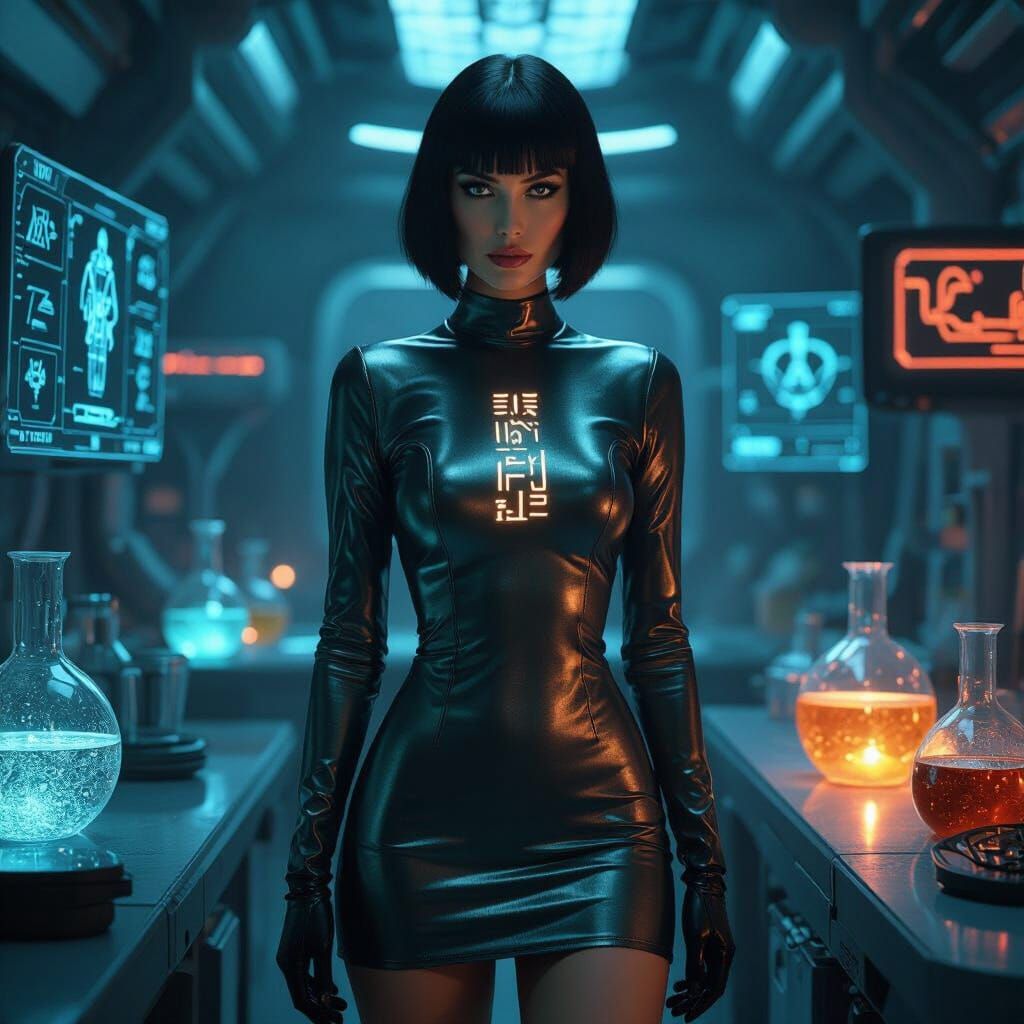 Italian Woman in Futuristic Lab, Art Deco Style