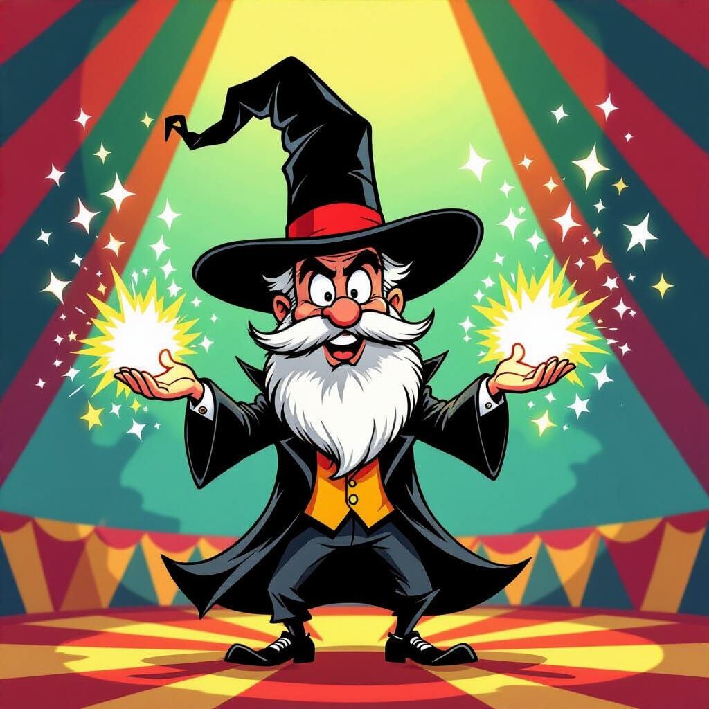 Exaggerated Magician Conjuring Sparkly Effects in Circus Ten...