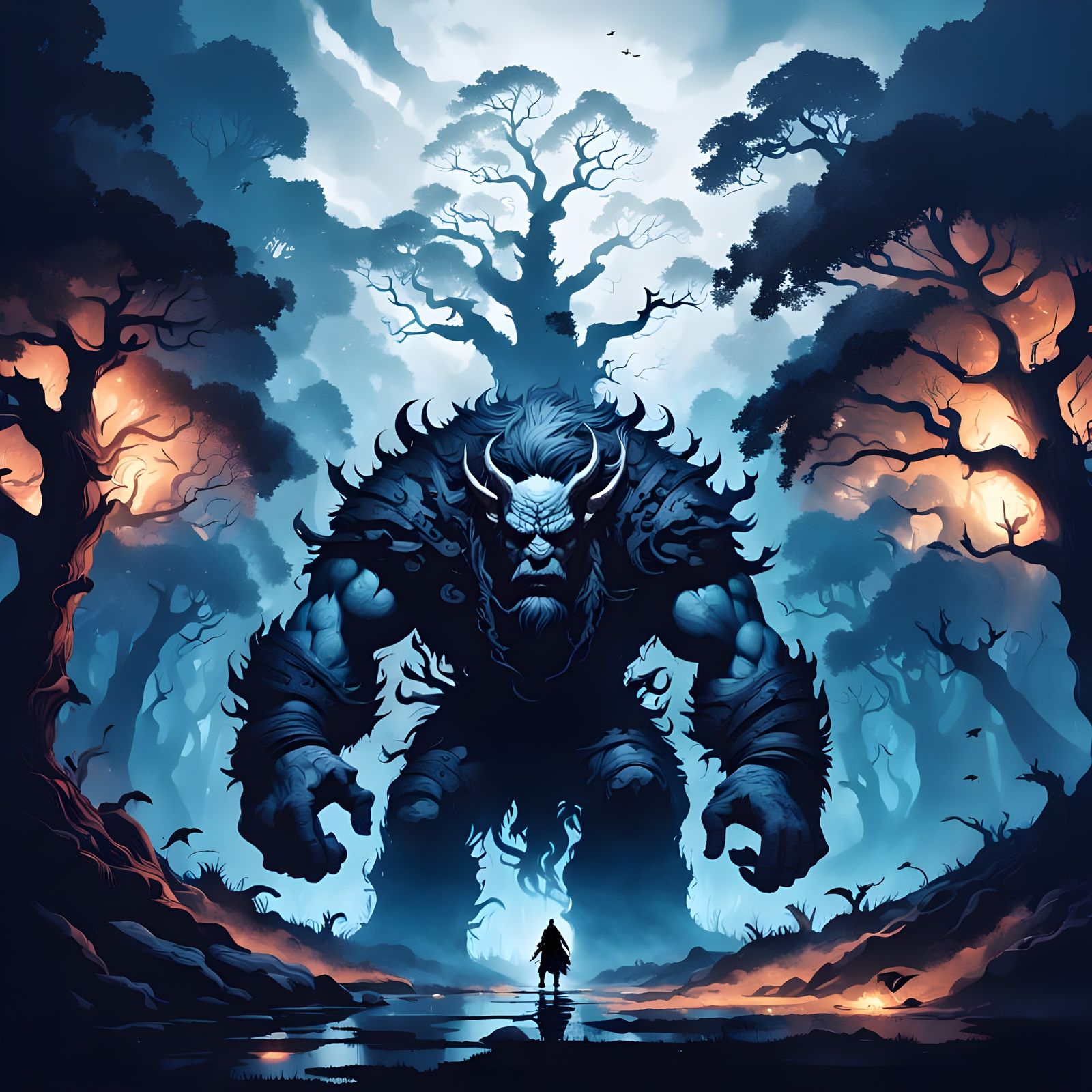 Dark Fantasy Giant Slumbers Under Massive Tree