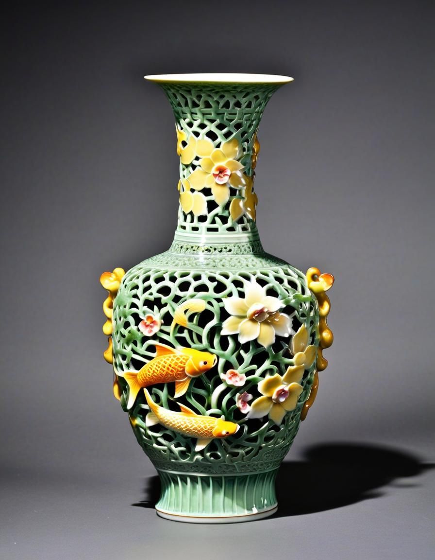 Antique QianLong Period Royal Celadon-Glazed Reticulated Porcelain Vase