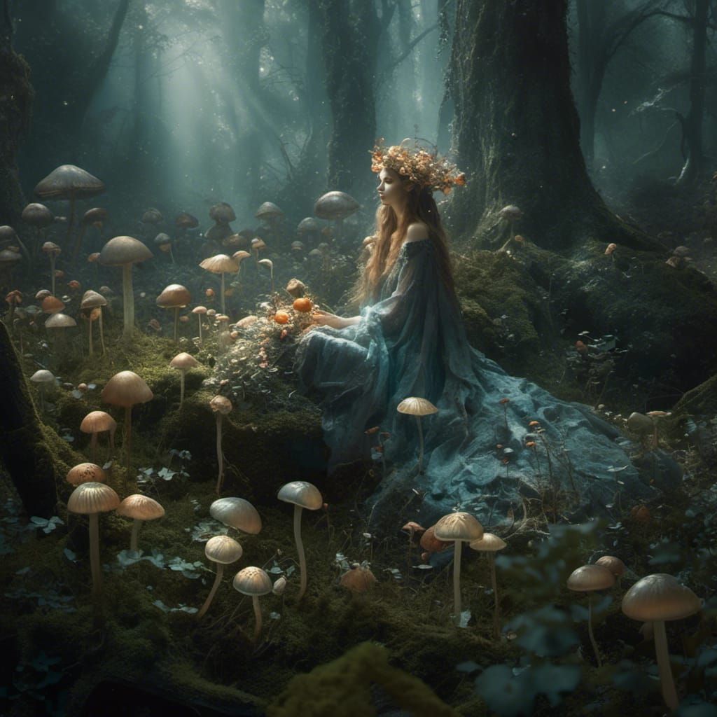 Goddess and Fairy in Forest, Ethereal Fantasy Art