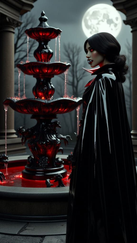 Gothic Vampire Gazing at Blood Fountain
