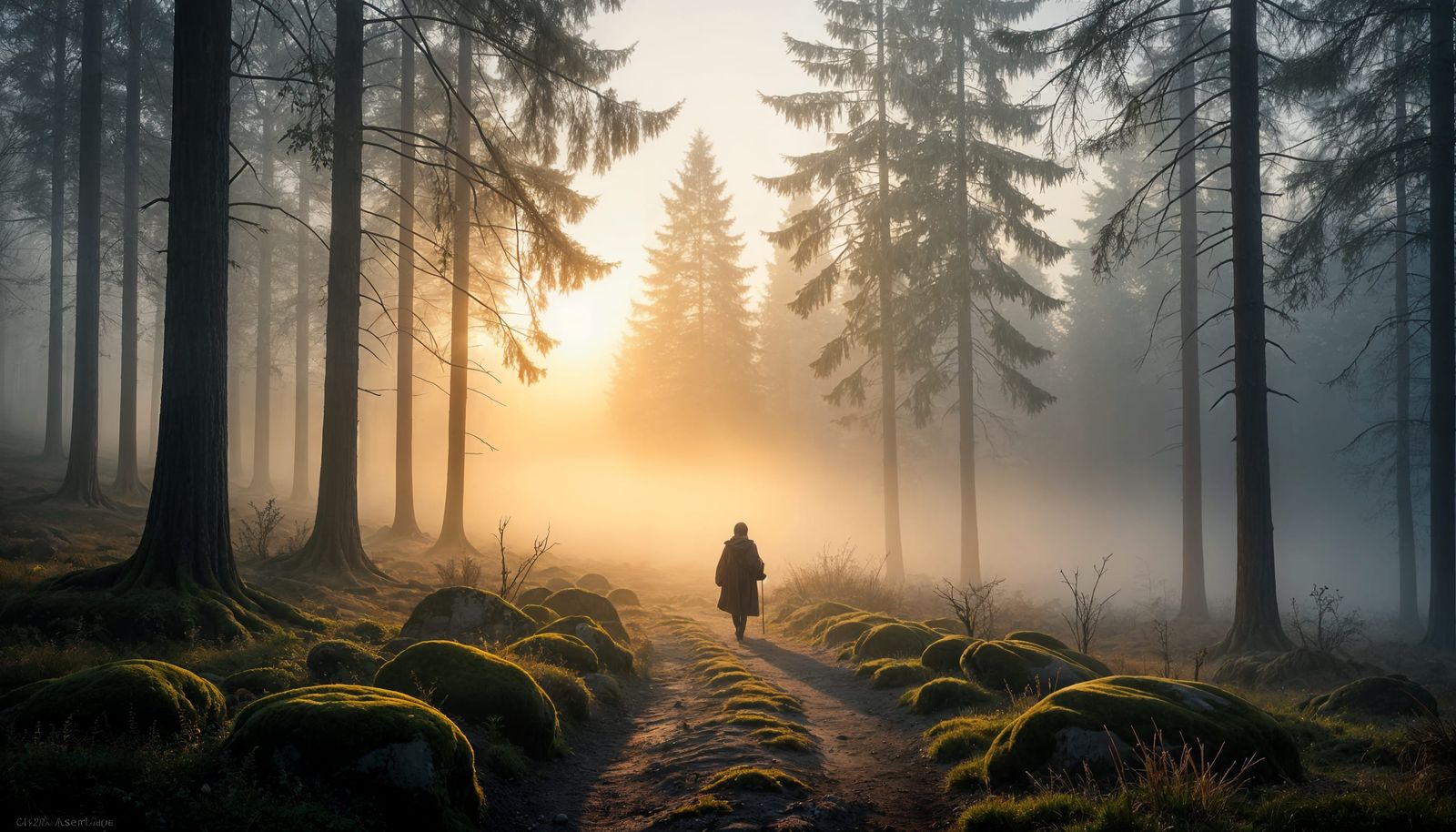 Misty Forest Dawn with Golden Light and Lone Traveler