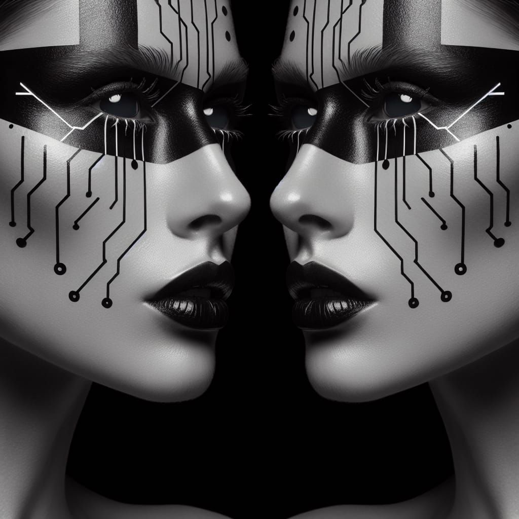 Cyberpunk Woman with Lightning Art in Black and White
