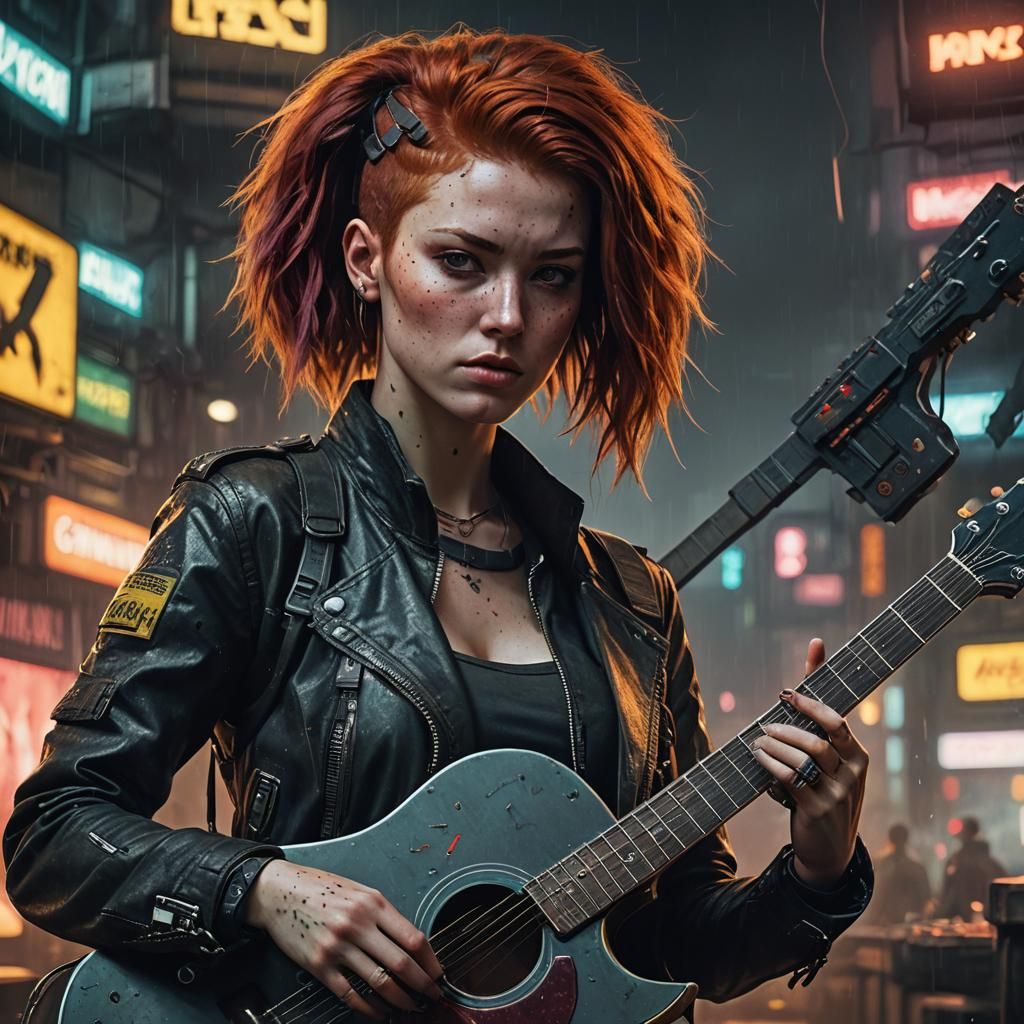 Punk Rock Redhead Guitarist in Cyberpunk Style