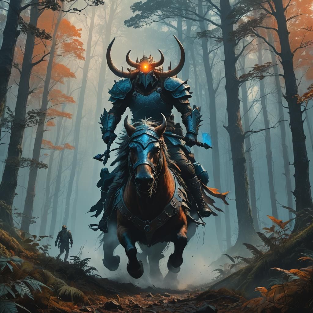 Hunter Riding Mythical Beast in Misty Forest