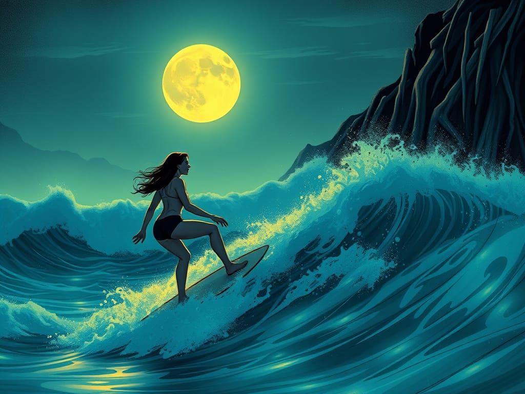 Ethereal Moonlit Surfer on Bioluminescent Coast