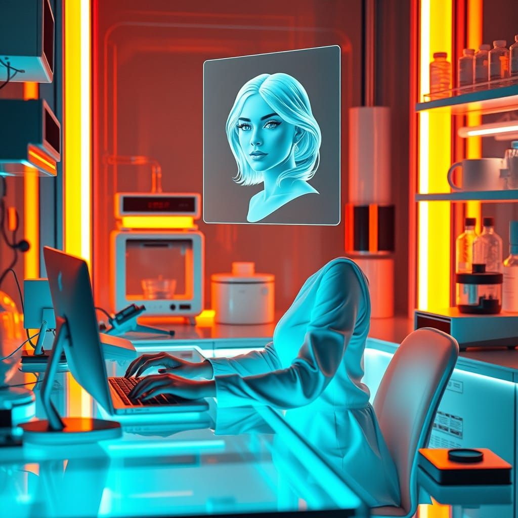 Woman with Hologram Portrait in Futuristic Lab
