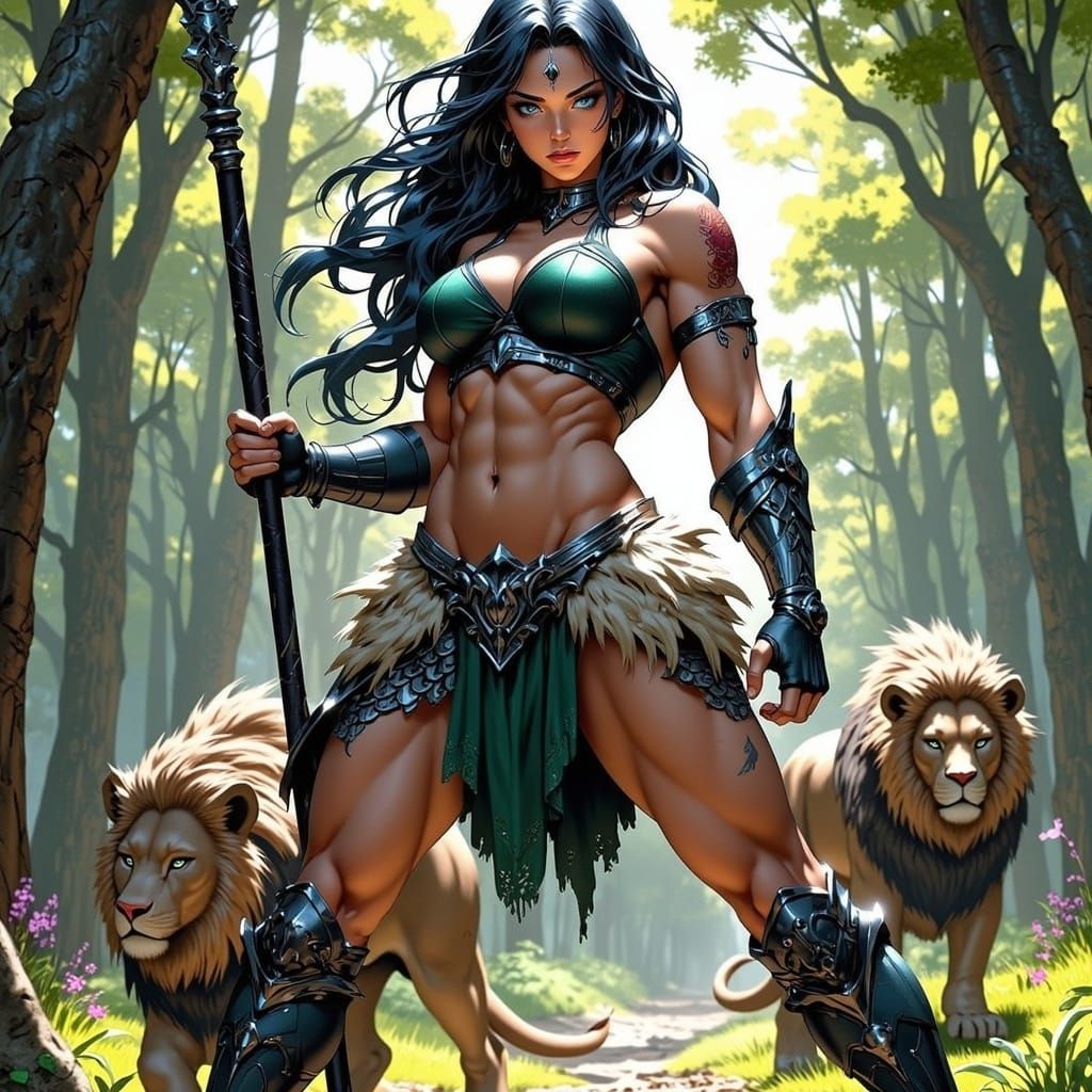 Amazon Warrior Prepares to Stab a Lion